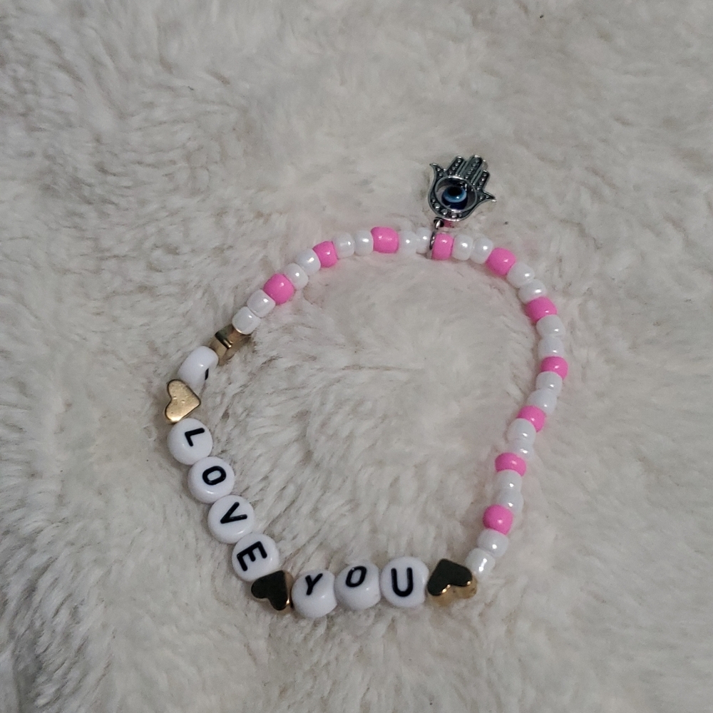 Pink and White Beaded Bracelet with Love You Charm